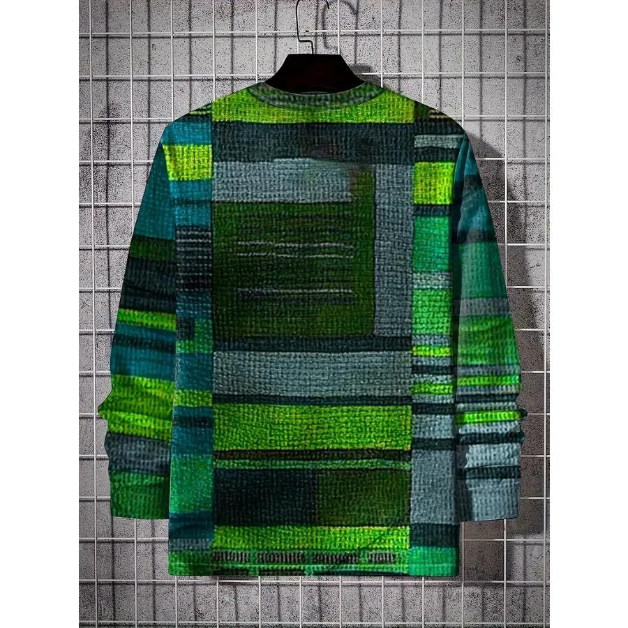 Men's Vibrant Plaid Crew Neck Long Sleeve T-Shirt - Soft, Breathable Comfortable Spring and Autumn Outdoor Activities and Sports - Perfect for Casual