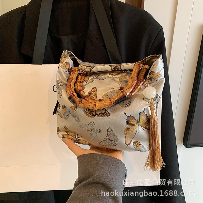 New Chinese Style National Style Bag Embroidered Jacquard Handbag Women's 2025 New Bamboo Joint Bag Large Capacity Handbag Tide