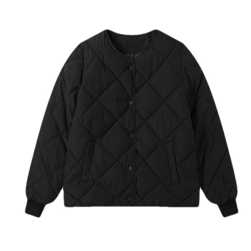 Autumn and Winter Cotton Clothes Women's Light Collarless Short Rhombus Plaid Crew Neck Cotton-padded Clothes Loose Jacket Jacket