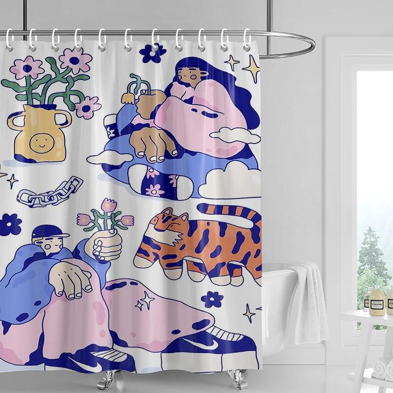 

Шторка для душа Вечеринка у бассейна - Пловцы и Розовые Круги на Синей Воде, Водонепроницаемая с Люверсами, Летний Декор для Ванной W90xH180cm