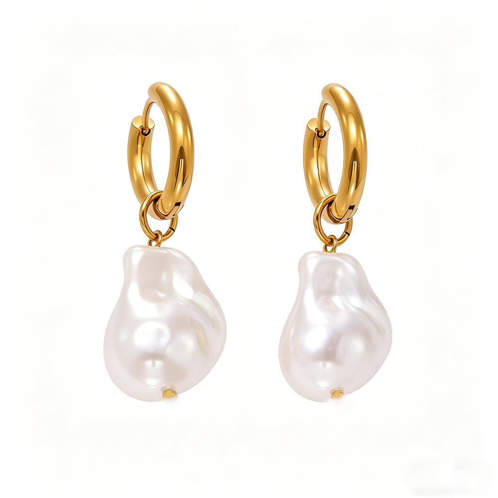 European and American 18K Gold Plated Stainless Steel Irregular Pearl Hoop Earrings