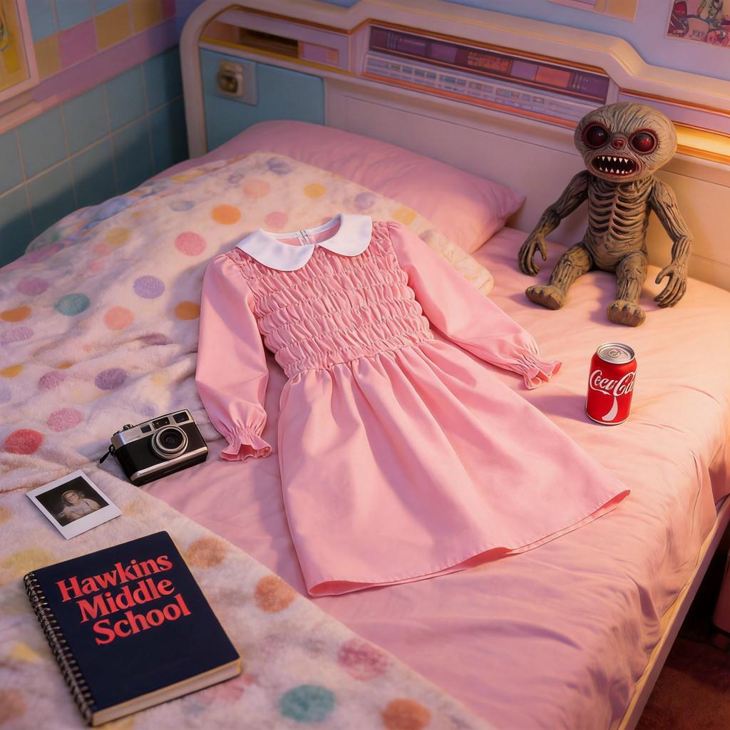 Stranger Things Eleven Cosplay Pink Dress With Polyester Fabric For Kids And Adults