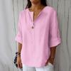 Damen V-Ausschnitt Dreiviertelarm Pullover Bluse Baumwolle Leinen Lockere Passform Lässiges Oberteil für den Sommer Ohne Farbangabe