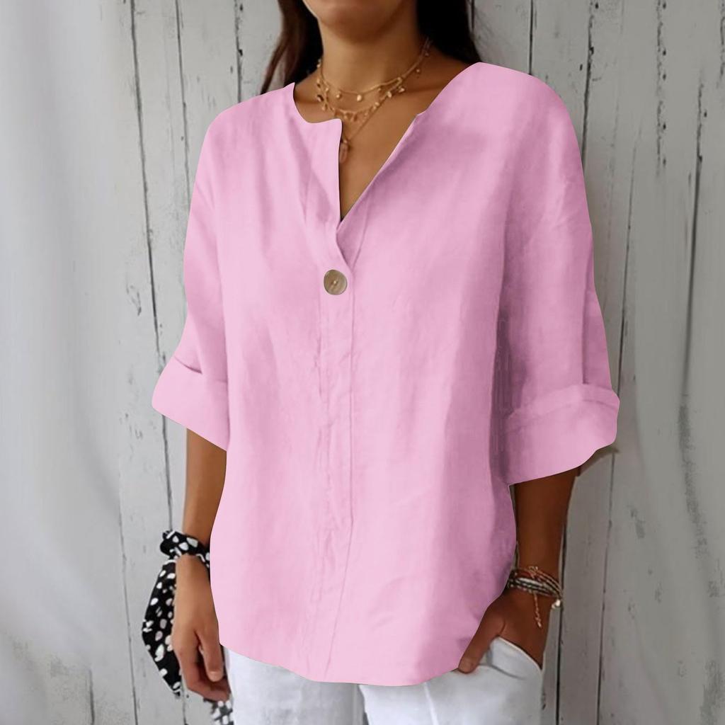 Damen V-Ausschnitt Dreiviertelarm Pullover Bluse Baumwolle Leinen Lockere Passform Lässiges Oberteil für den Sommer Ohne Farbangabe