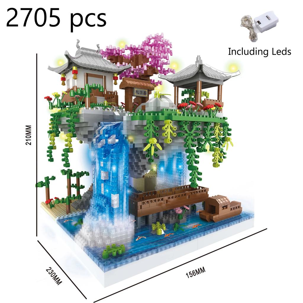 Tree House Mini Diamond Block Particle Peach Blossom Pool Traditional With Light Chinese Architecture Building Blocks Kids Gifts