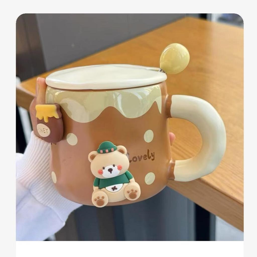 High Value Mug with Lid Spoon Cartoon Bear Ceramic Cup for Girls Birthday Gift High end Office Water Cup