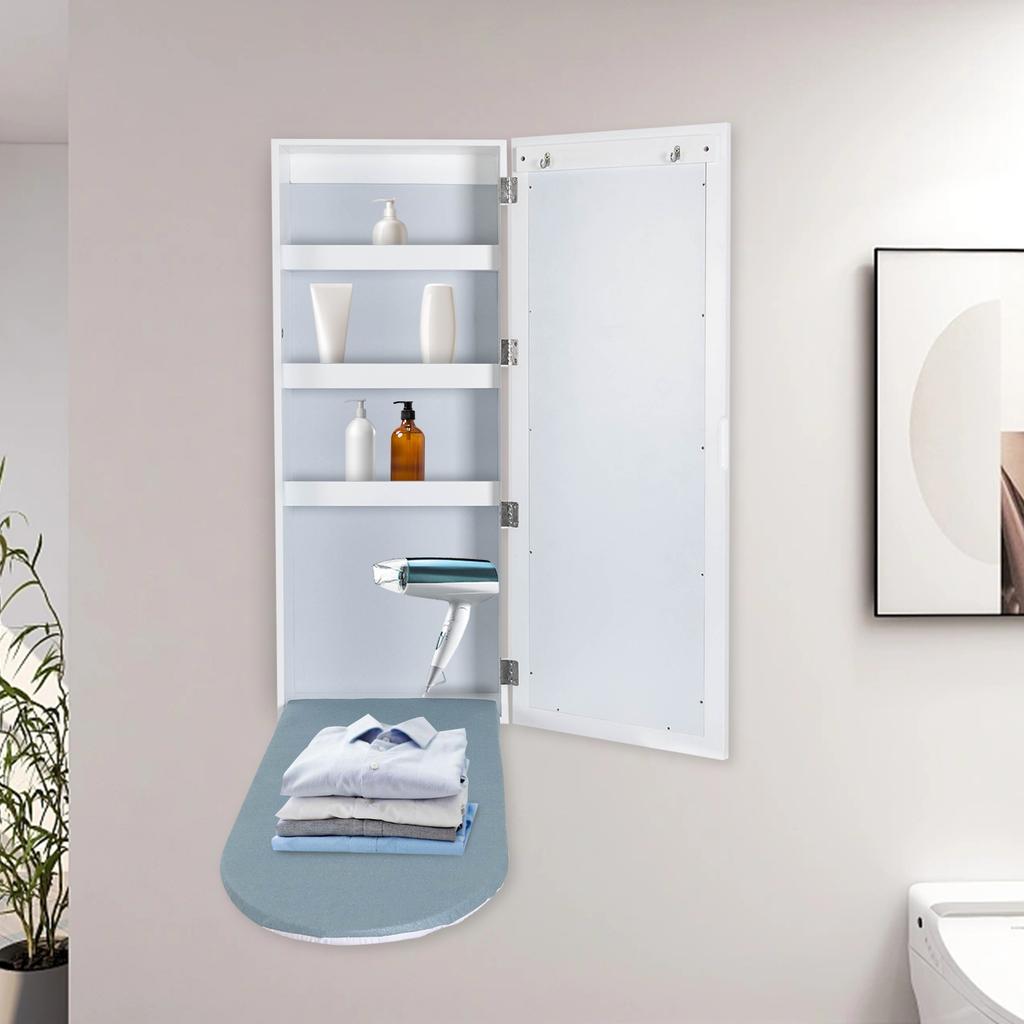 Wandmontiertes Bügelbrettschrank mit Stauraum & Spiegel - Modernes faltbares Bügelbrett für Haus & Wohnung - 15,2 kg Tragfähigkeit