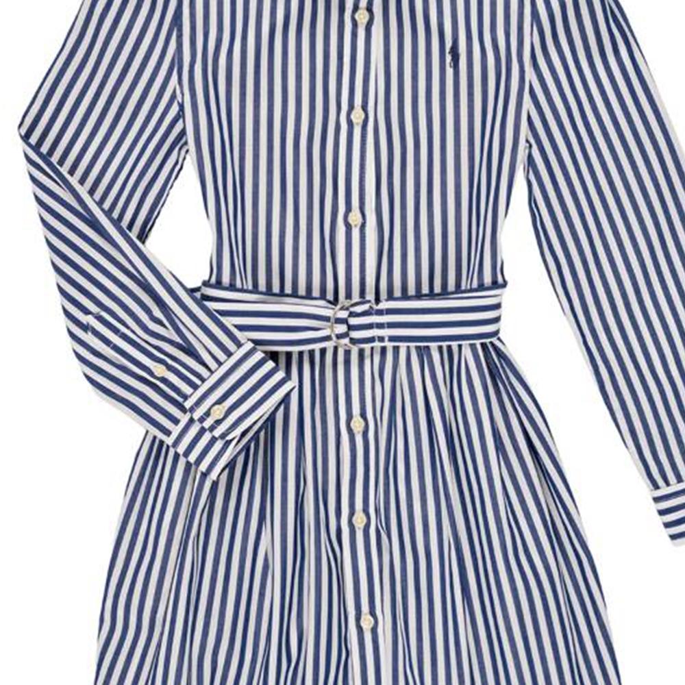 Polo Ralph Lauren Striped Print Collar Midi Long Sleeve Dress Kids Dresses White 313785816-003