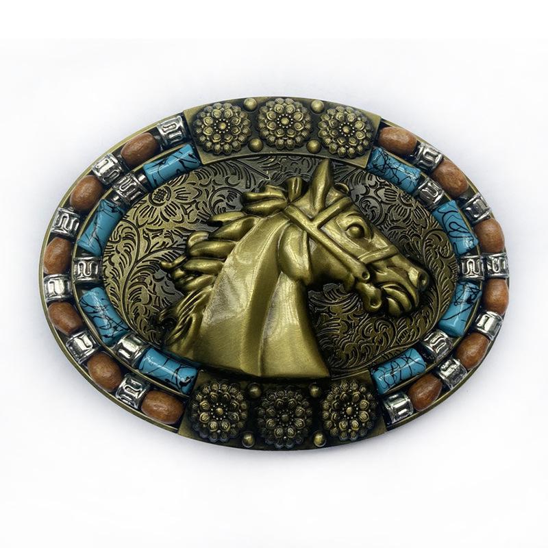 Retro Bohemian Western Cowboy Turquoise Horse Head Leather Belt Buckle