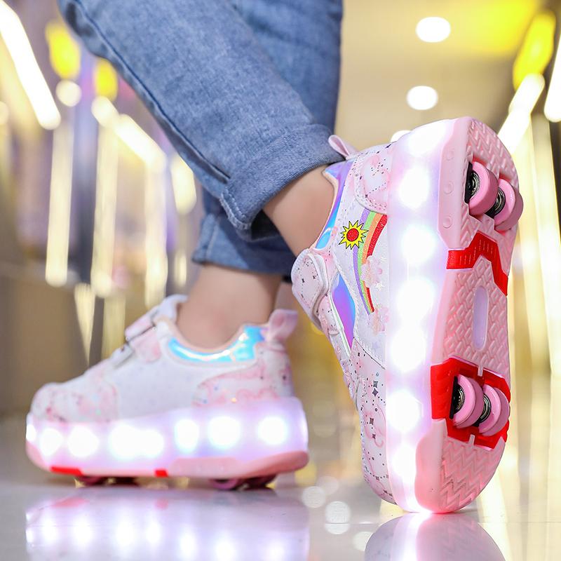 Kid's Roller Skates Removable Flat Charging LED Four Wheels Glowing Sports Shoes  Women's Glowing Sneakers