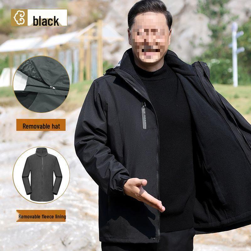 Men’s Three-In-One Windbreaker: Plus Velvet Detachable Jacket for Middle-Aged and Elderly – Perfect for Spring and Autumn.