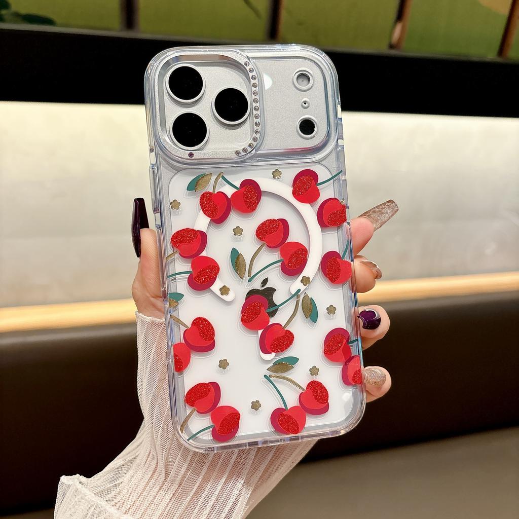Applicable To Iphone16 Mobile Phone Case Diamond Lens Frame Apple 17 Transparent Magnetic Case Small Fresh Flower 15pro