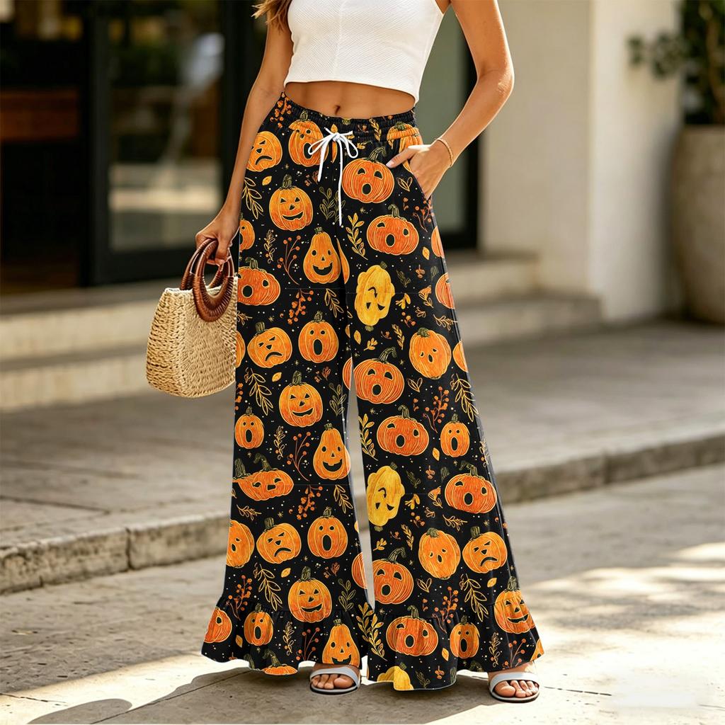 Women's Wide Leg Pants with Pockets Halloween Print High Waist Drawstring Casual Loose Fit Long Trousers for Everyday Wear
