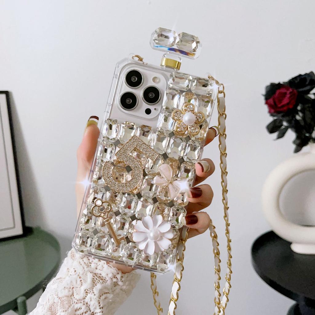 Crossbody Rhinestone Parfémy Tvar Pouzdro pro Samsung S23 S22 S21 S20 Ultra S10 Plus Pearl Flowers Kryt pro iphone 15 14 13 12 11 X XR XS Max