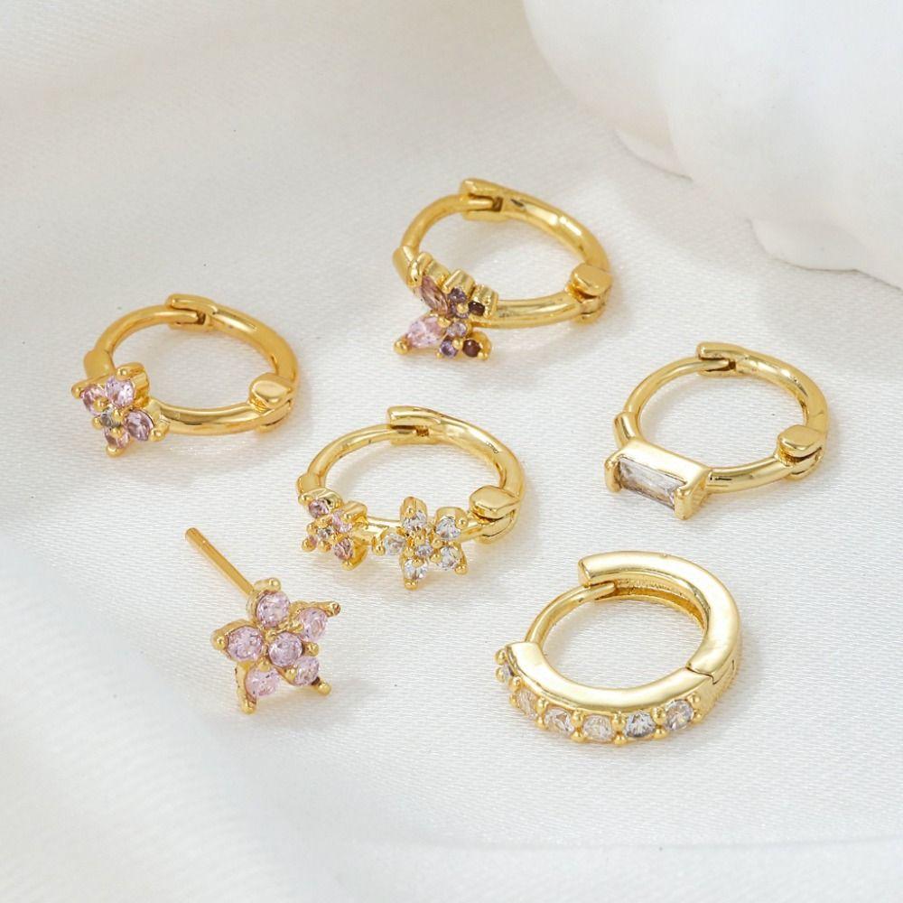 6Pcs Copper Flower Butterfly Earrings Hook Piercing Crystal Ear Studs Zircon Earring Set  Ladies