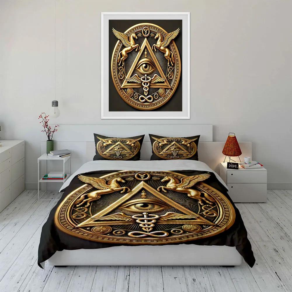 Golden Eye Triangle Decor Set Bedding Set with 1 Duvet Cover 2 Pillowcases Single Double King Queen Gift