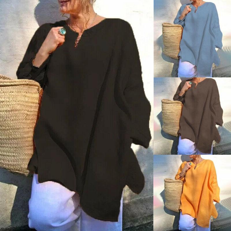 Plus Size Womens Casual Baggy Long Sleeve T-shirt Breathable Summer Beach Tunic Blouse Tops For Everyday Wear