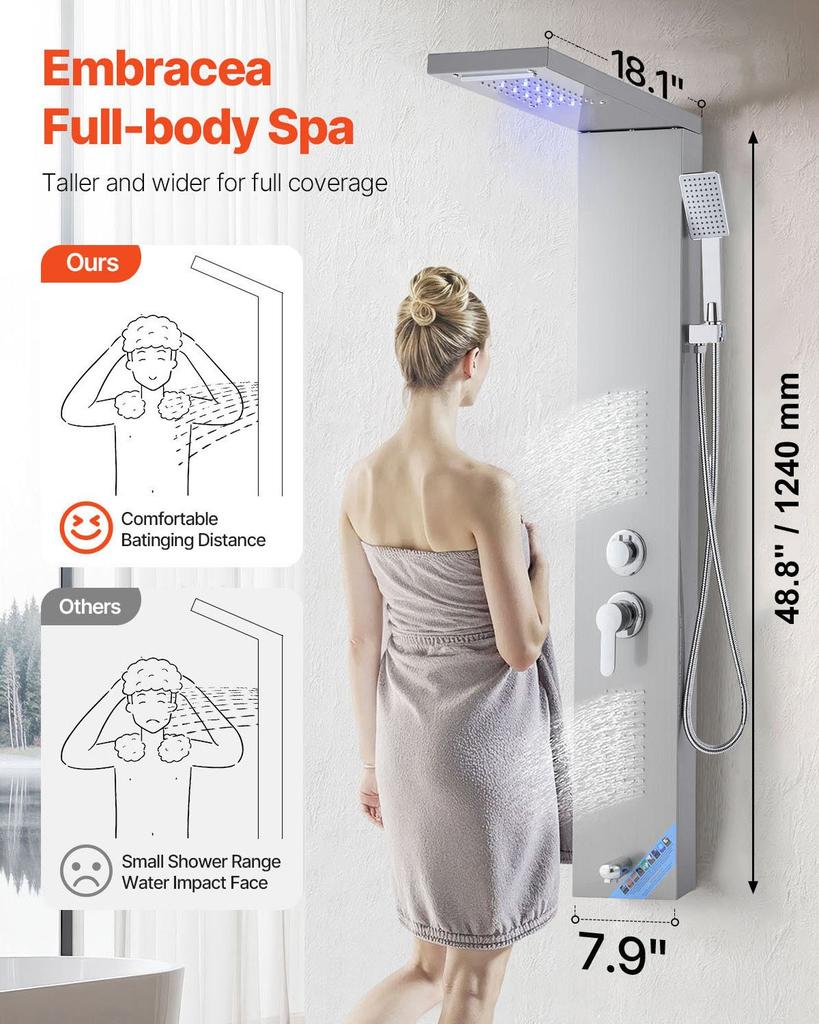 VEVOR Shower Panel Tower System with Rainfall Waterfall Shower Head, LED, 53 in Brushed Stainless Steel Shower Column, 5-Function Faucet