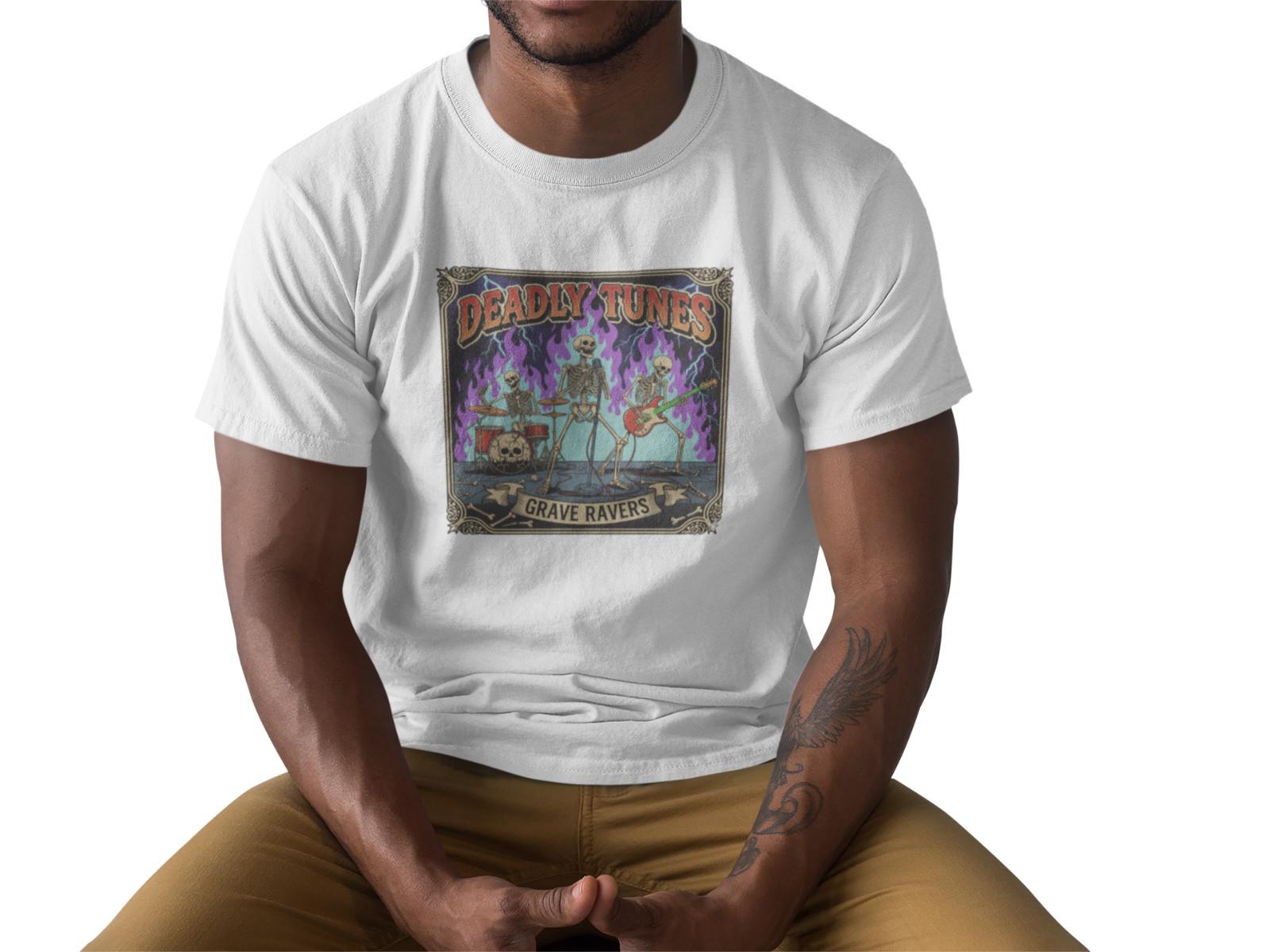 Deadly Tunes T-Shirt Skeleton Band Rock Music Graphic Tee Grave Ravers A52 S