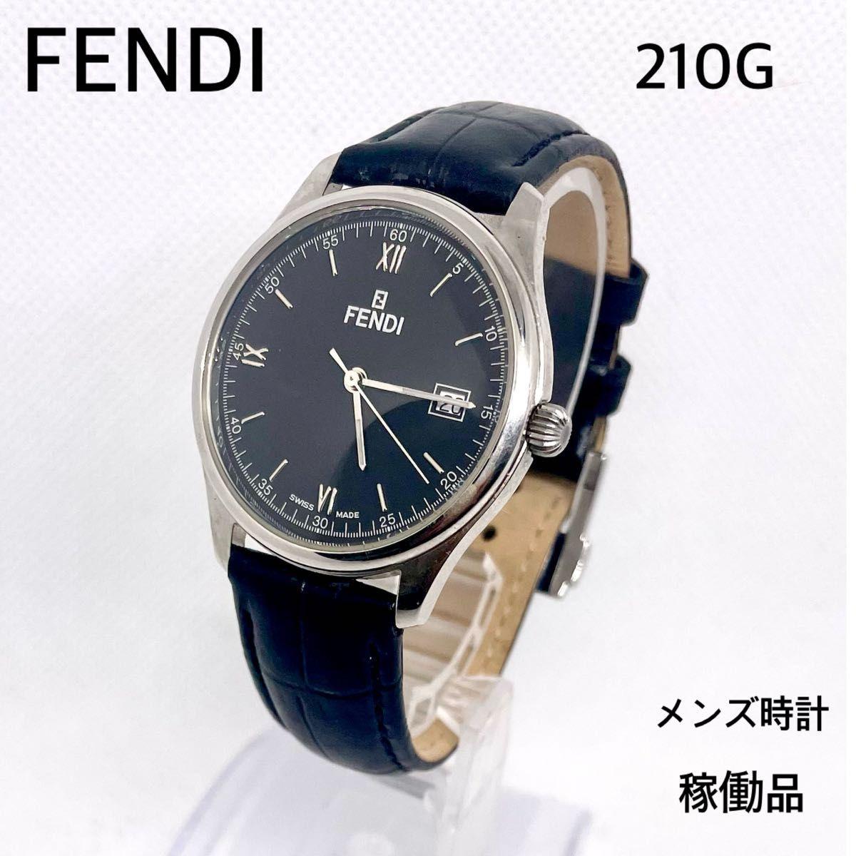 Used Working item FENDI 210G Men s Watch Black Dial Date Regular Leather Strap Quartz Fendi