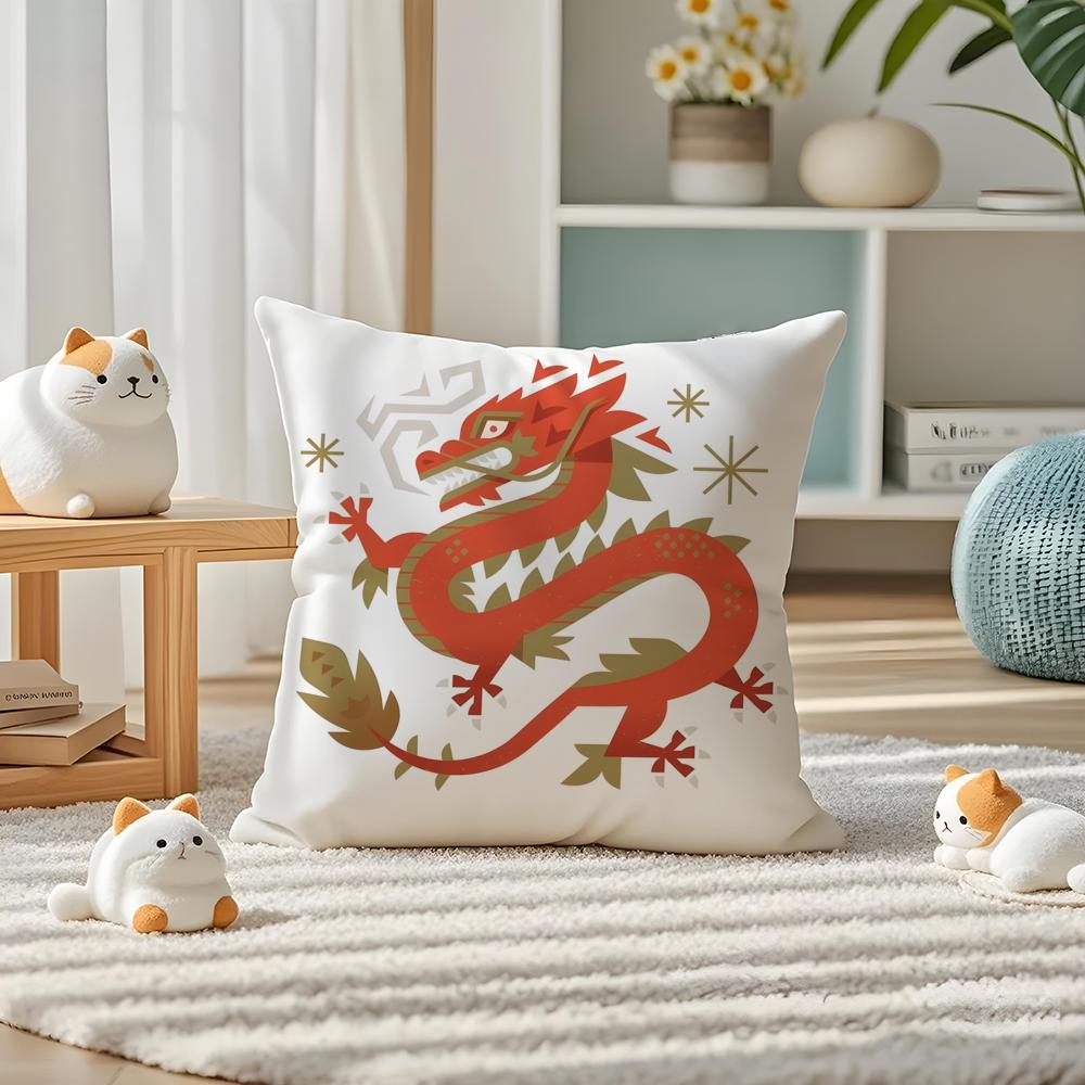 Cartoon Of Oriental Dragon Illustration Pillow Case Double-Sided Plush Sofa Cushion Covers Organic Breathable Invisible Zipper