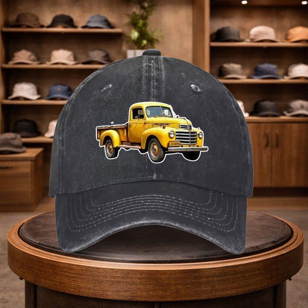 A Yellow Vintage Pickup Truck Printed Baseball Cap, a Casual Duckbill Hat, Stylish Headwear, Adjustable for Outdoor Use, Suitabl