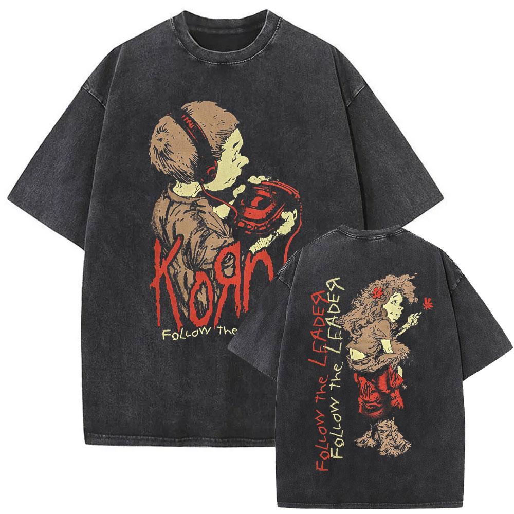 Washed Vintage Rock Band Korn Ftl Follow The Leader T Shirt Men Gothic Casual Oversized Tees Male Tshirt Mens Vintage Tshirt