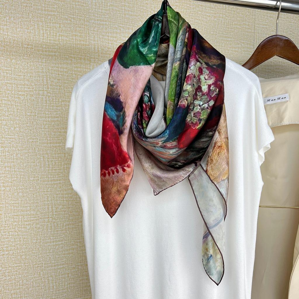 Vase Country Oil Painting Mulberry Silk Scarf Spring Autumn Summer Silk Scarf Sunscreen Shawl Women'S Silk Square Scarf
