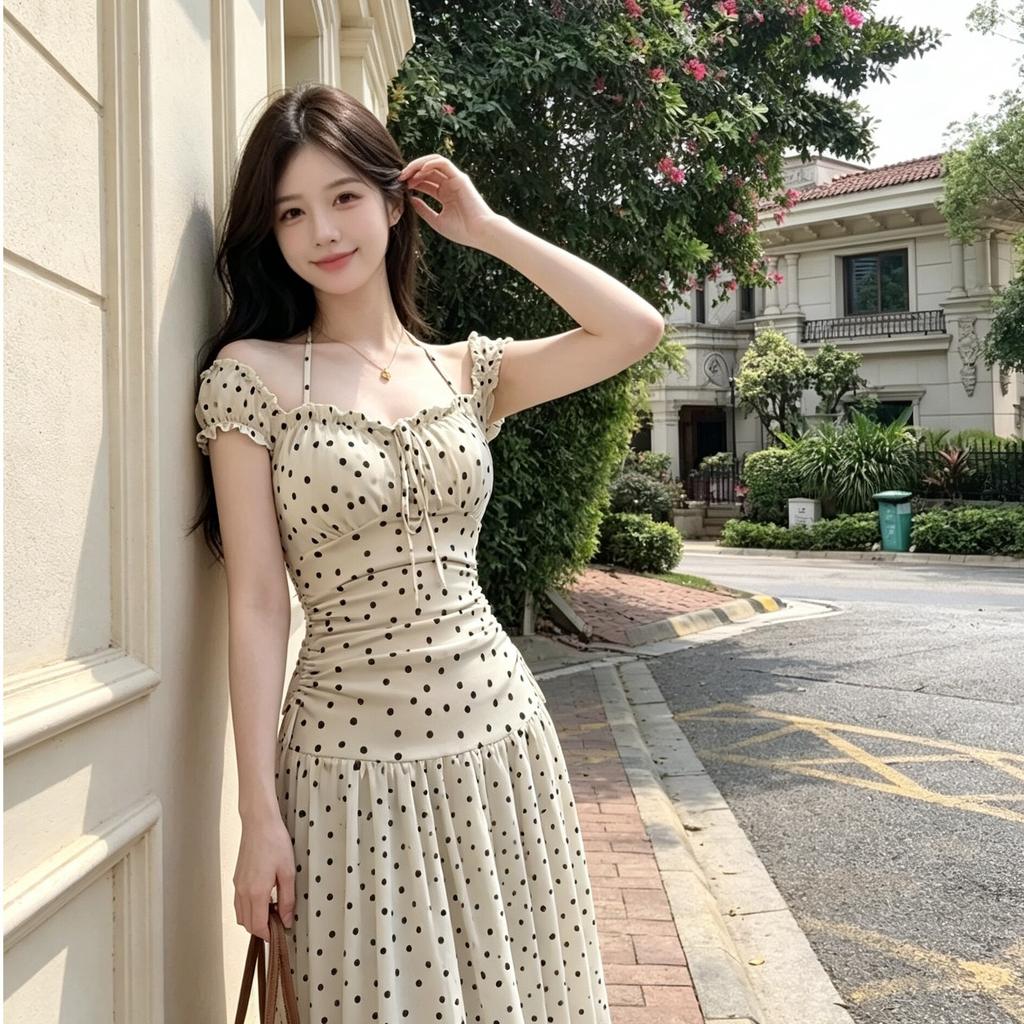 French Temperament Retro Polka Dot Fairy Long Dress Summer New Skirt Seaside Vacation Style Neck Slim Fit