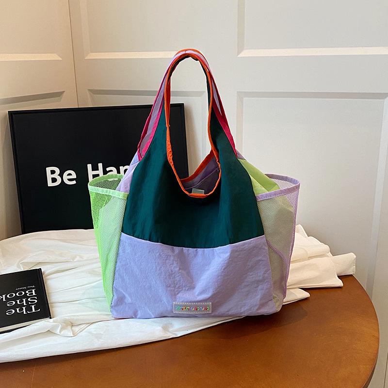 

2025 Color Block Foldable Nylon Tote: Lightweight Casual Shopping & Shoulder Bag фіолетовий