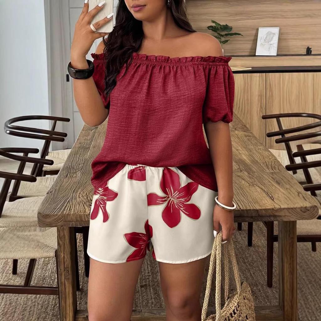 2026 European & American Cross-Border Summer Women's One-Shoulder Short Sleeve Shorts Set
