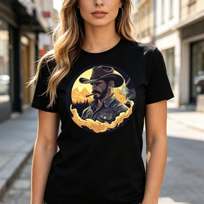 Vintage Cowboy Graphic T Shirt Retro Western Outlaw Print Unisex Soft Cotton Crew Neck Short Sleeve Trendy Casual Tops