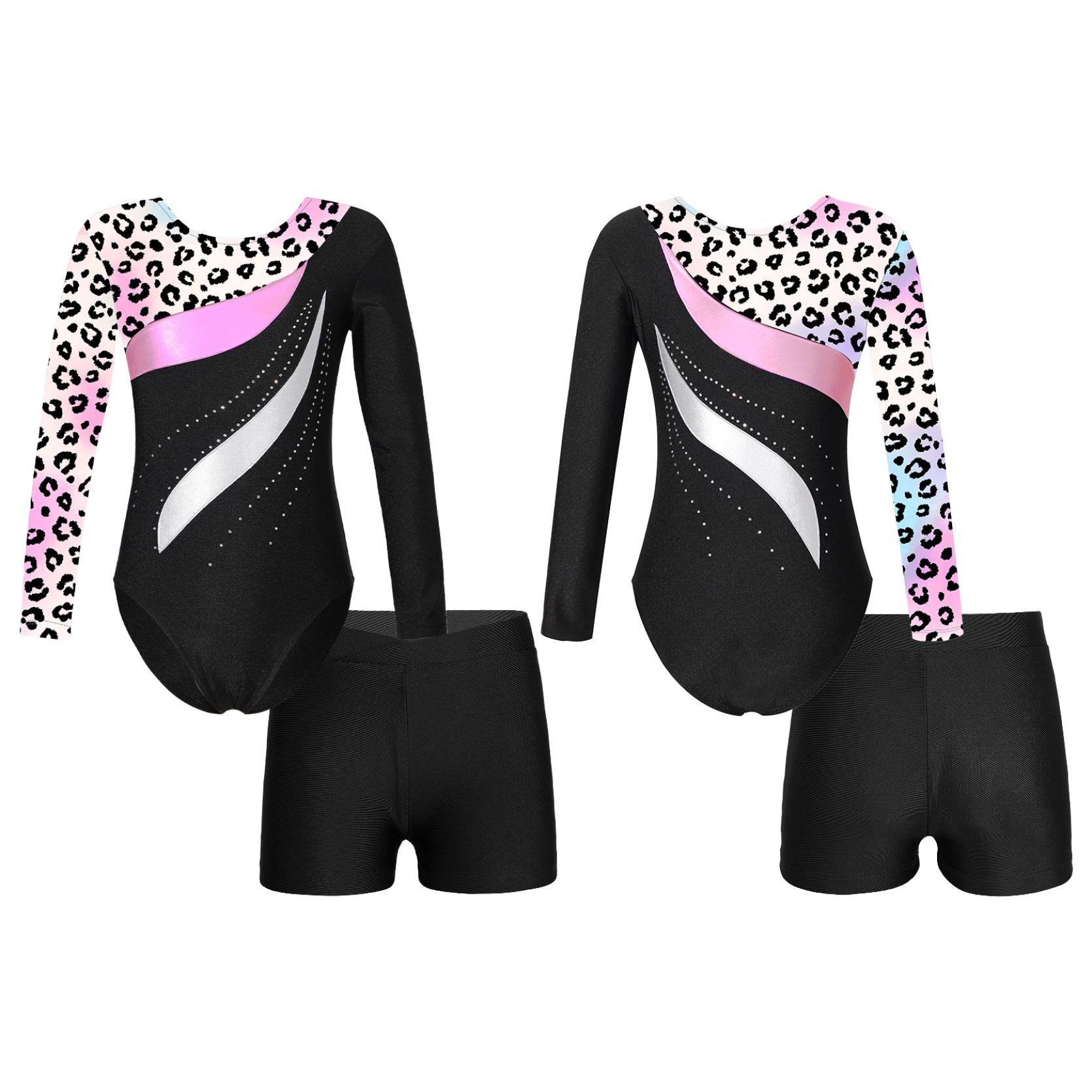 IEFiEL Kinderen meisjes lange mouw ronde hals glanzende strass decor turnpakje met shorts voor dans gymnastiektraining 9-10 Years