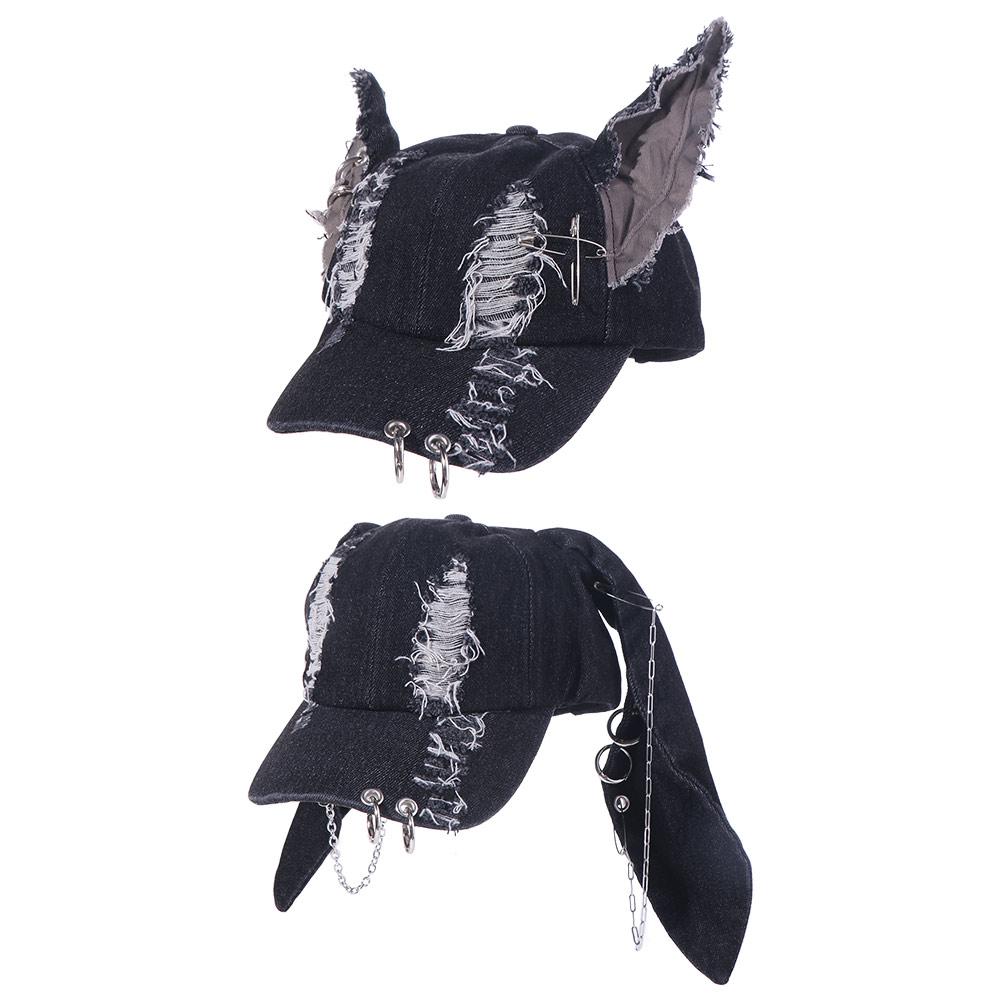 Cappellino da baseball in denim strappato per cucciolo con orecchie da coniglio e catene, cappellino snapback con orecchie da Dobermann per uomo