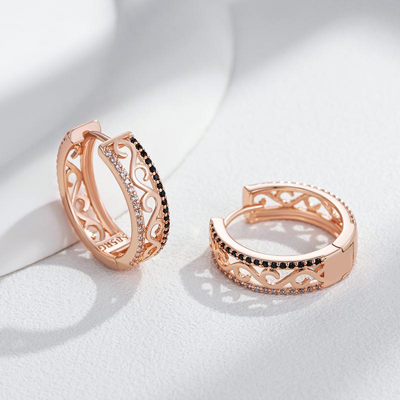 Unusual  Rose Gold Color Big Hoop Earrings For Women Shiny Black Natural Zircon Accessories Daily Fine Vintage Jewelry