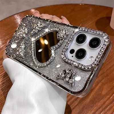 Powłoka brokatowa diamentowe serce etui lustrzane do makijażu dla iPhone'a 16 Pro Max 15 11 12 13 14 Plus motyl miękkie silikonowe przezroczyste etui