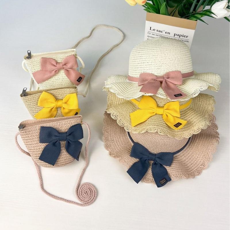 Children Straw Hat And Shoulder Bag Girls Summer Outdoor Beach Cap Cute Bow Travel Beach Sun Hat Crossbody Bag