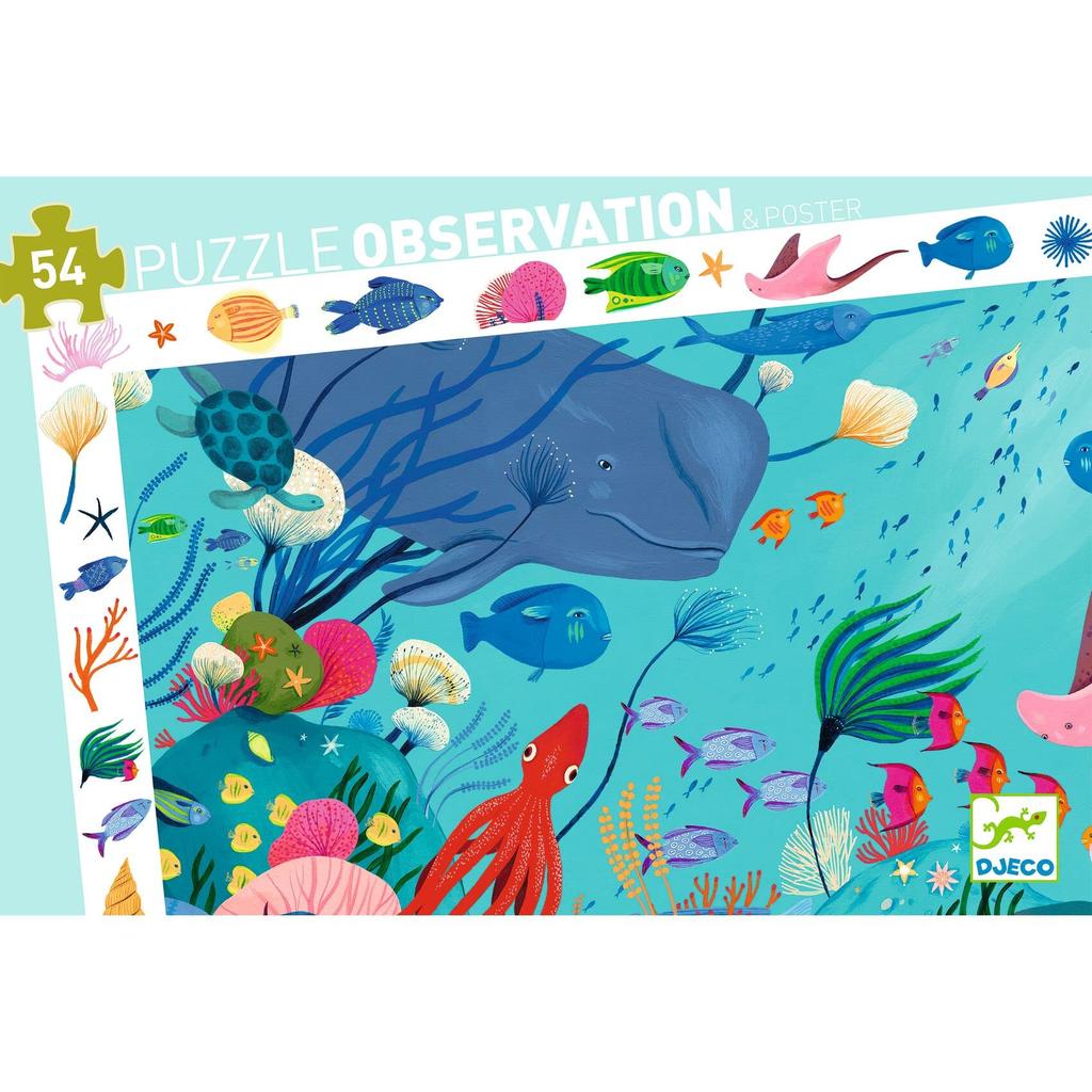 DJECO Aquatic Observation Puzzle, 54-Piece Jigsaw Puzzle for Kids, Fish and Sea Creatures, Hidden Objects, Picture Puzzle, Educational Toy,