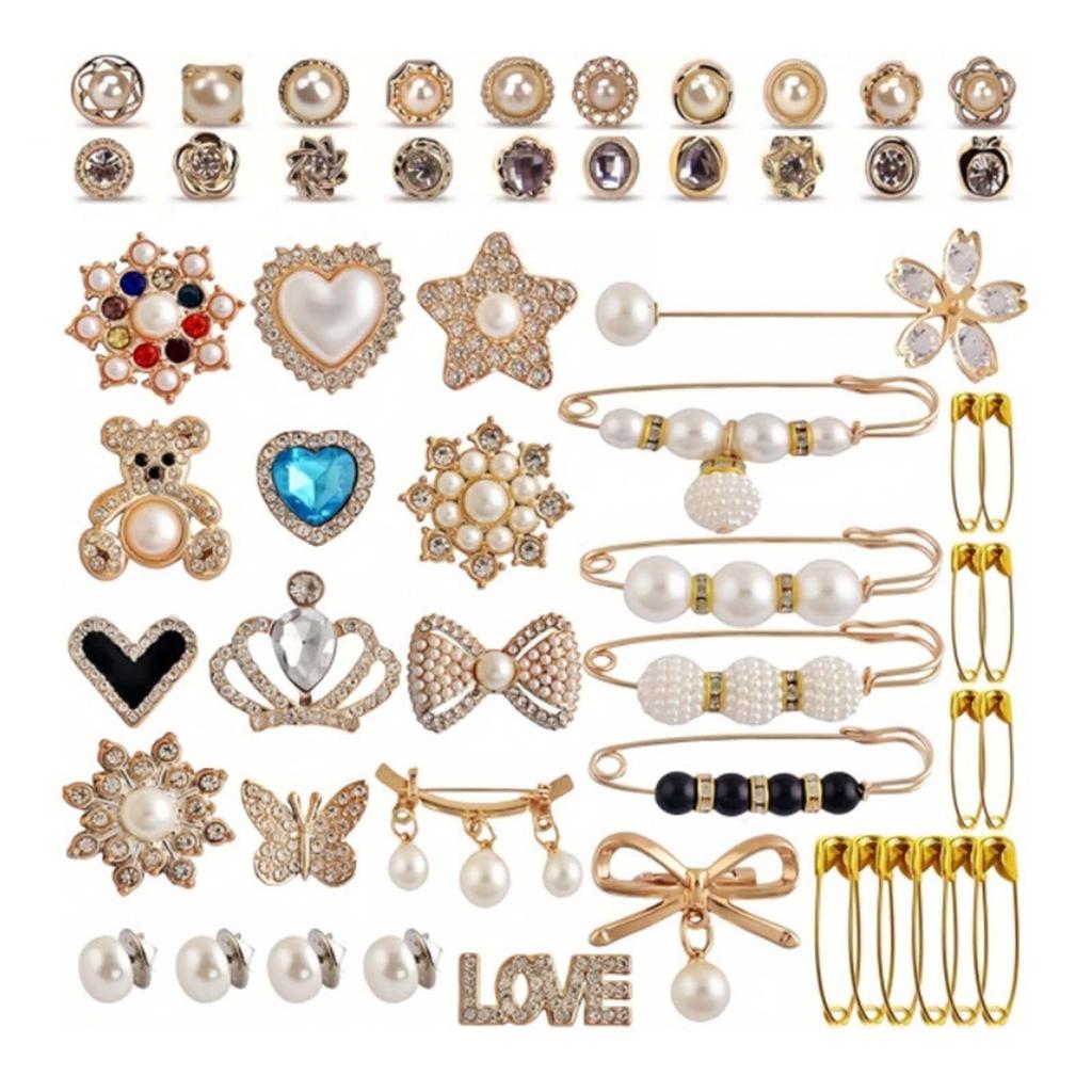 55Pcs Brooch Pins Sweater Shawl Clips Artificial Pearls Brooches Charm for Sock Shoes Rhinestones Safe Pins for Women