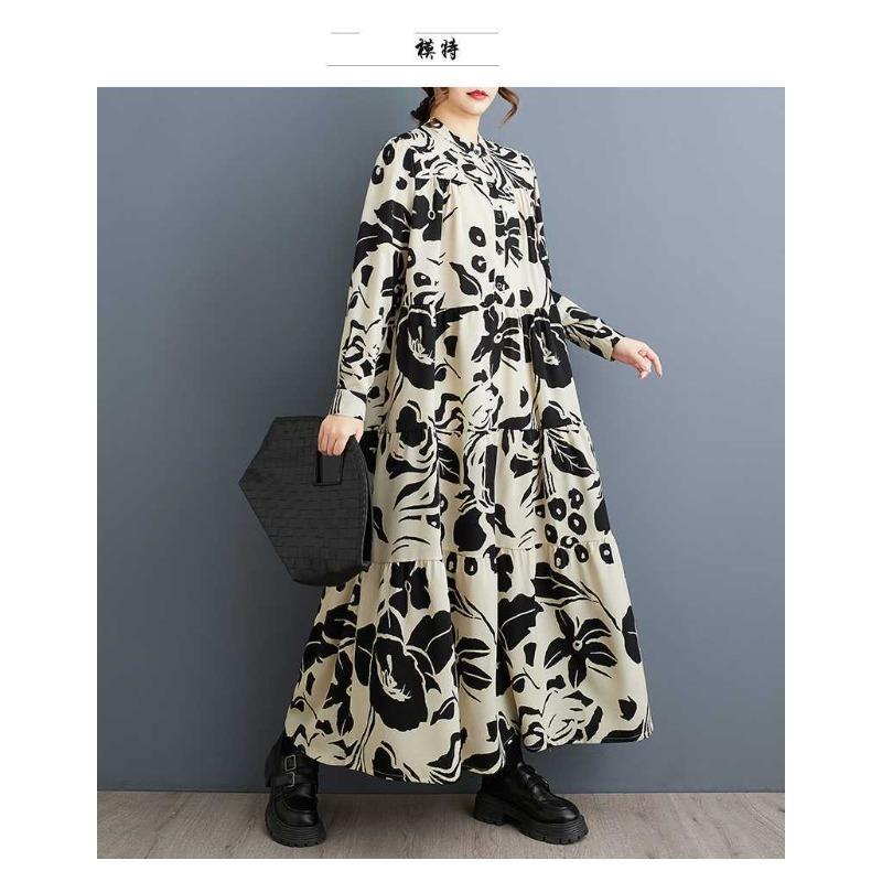 2025 Large Size Round Neck Long Sleeve Loose Big Swing Middle-aged and Elderly Mom Dresses