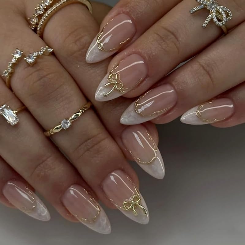 Flower Press on Nails Short Almond Fake Nails Spring Summer Nails Shell French Tip False Nails Press ons with Pearl Design Glossy Acrylic Reusable