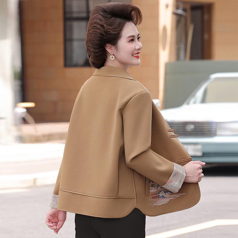 Mom's Autumn Chinese Embroidered Coat: Fashionable Turn-Down Collar Cardigan for Middle-Aged & Elderly Women