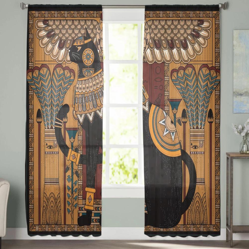 Ideal for Living Room Bedroom Space Space Decoration Window Opening Voiles Morning Tulle Drape1 - Ancient Egypt Art Cat Feather Retro Sheer Curtains