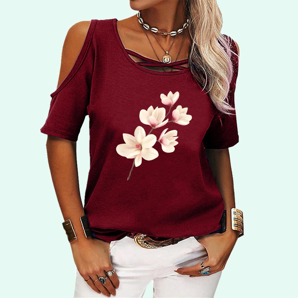 Women Casual Short Sleeve T-shirt Summer Fashion Off Shoulder Top Round Neck Floral Print Tee Shirt Pullover Ladies T-shirt