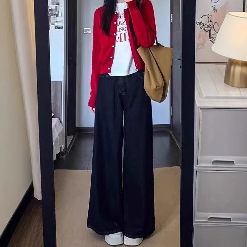 Women's Dark Blue Winter Plus Size Velvet-Enhanced Straight Leg Jeans - Slimming Wide-Leg Fit