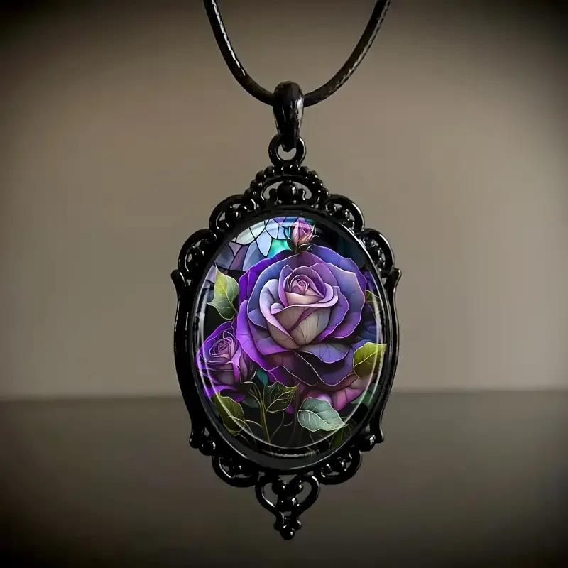 Dark Red Rose Exquisite Pattern Glass Pendant Necklace One Size фиолетовый