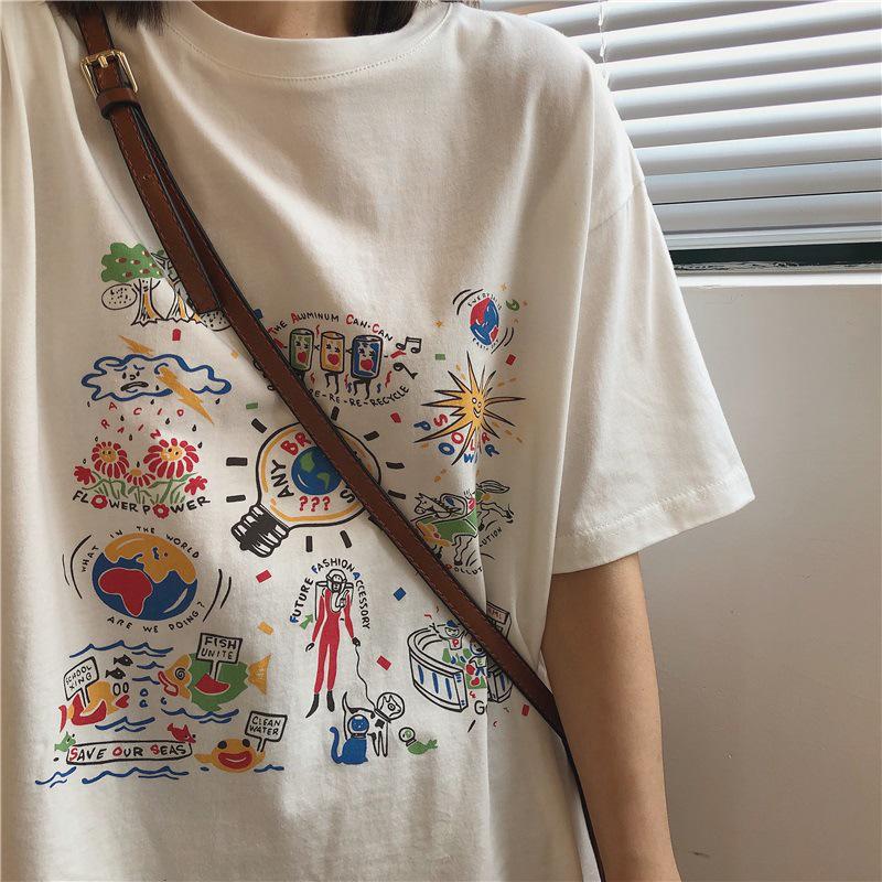 

Women s White Short-Sleeve Korean Print T-Shirt - 2024 Summer Collection L білий