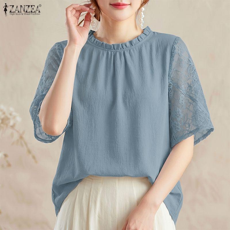 ZANZEA Women Casual Round Neck Lace Splice Half Sleeve Blouse