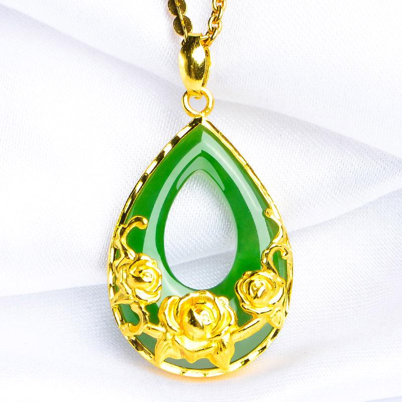 Gold-Plated Teardrop Jade Pendant & Peony Rose Necklace - Symbol of Wealth & Prosperity, Perfect Gift for Mom.