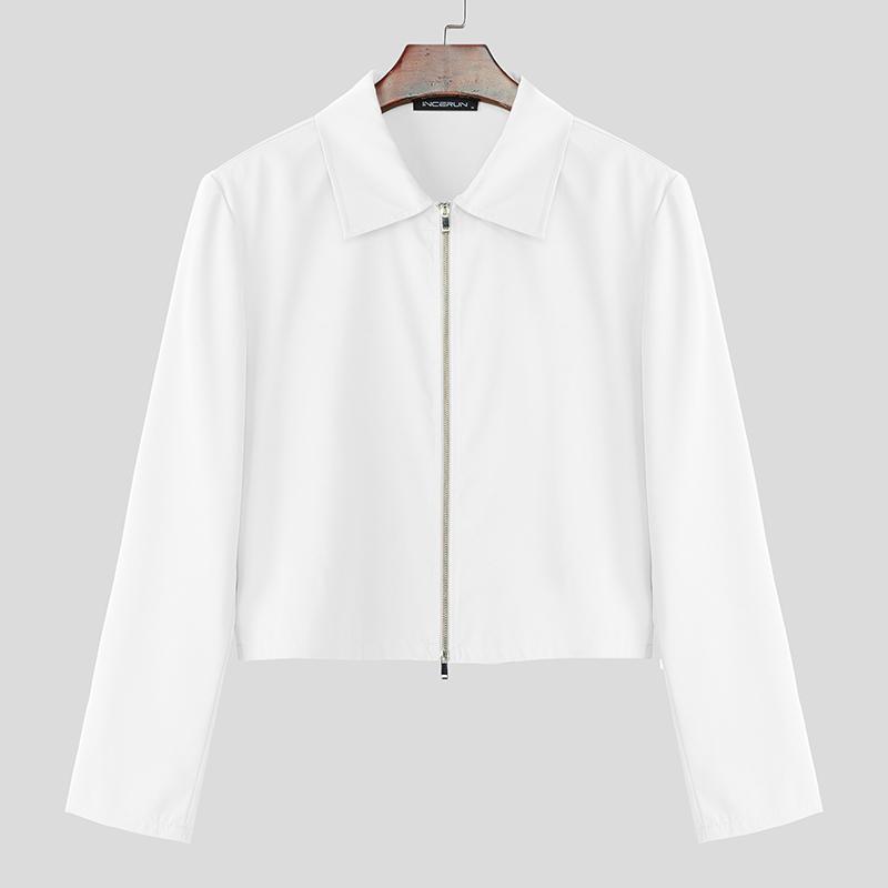 

INCERUN Men Lapel Long Sleeve Stitching Zipper Up Cropped Jackets Short Coats 4XL белый